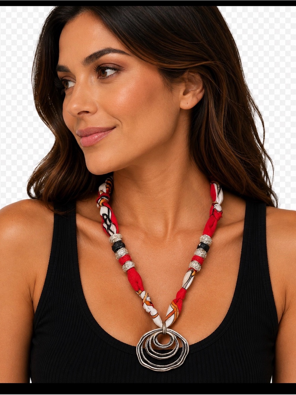 Red Braided Statement Necklace with Silver Ring Pendant